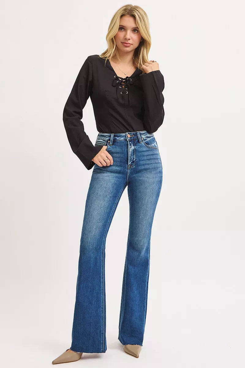 RISEN Dark Washed High Rise Flare Jeans