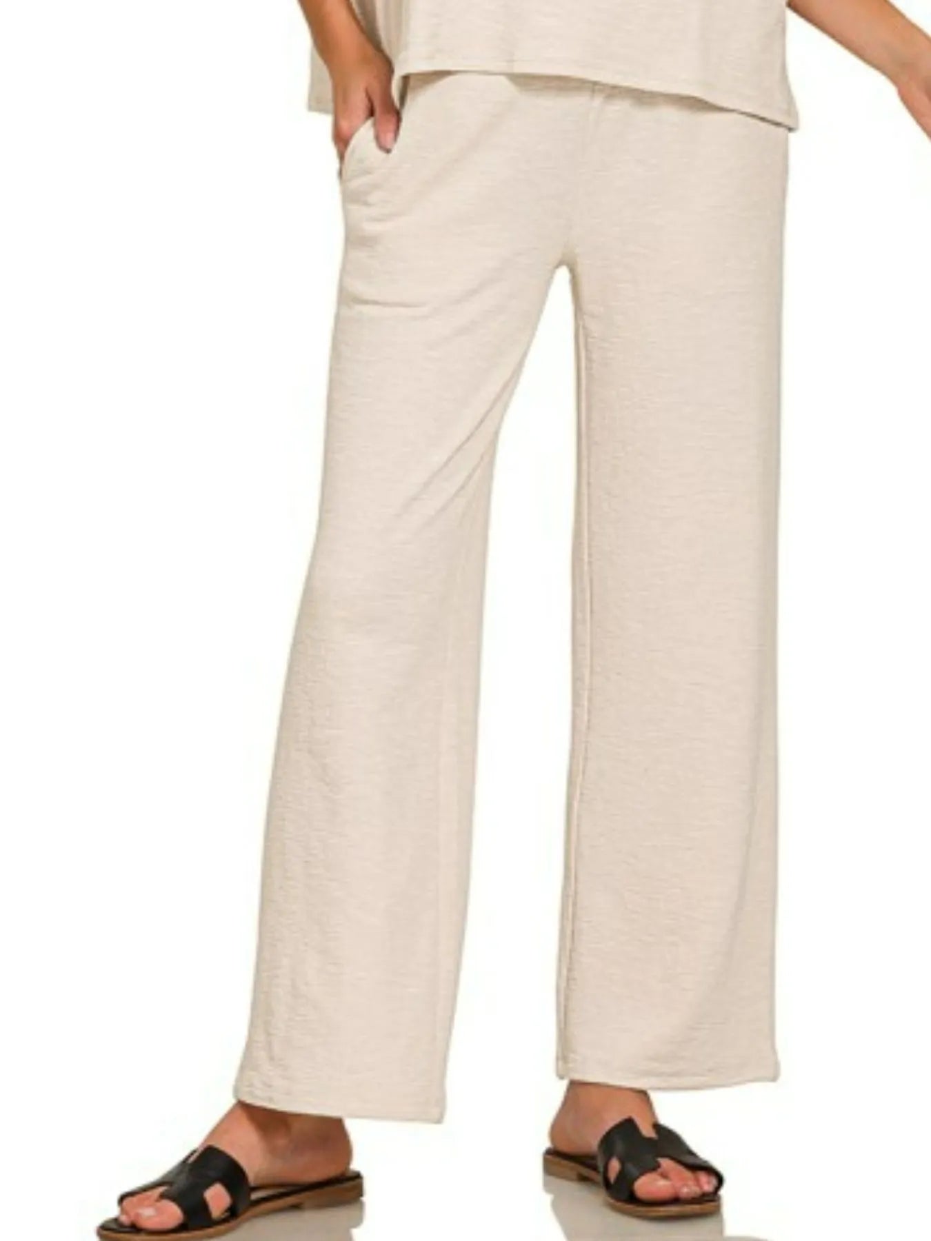 Zenana Sand Beige Slub Short Sleeve T-Shirt and Pants Set