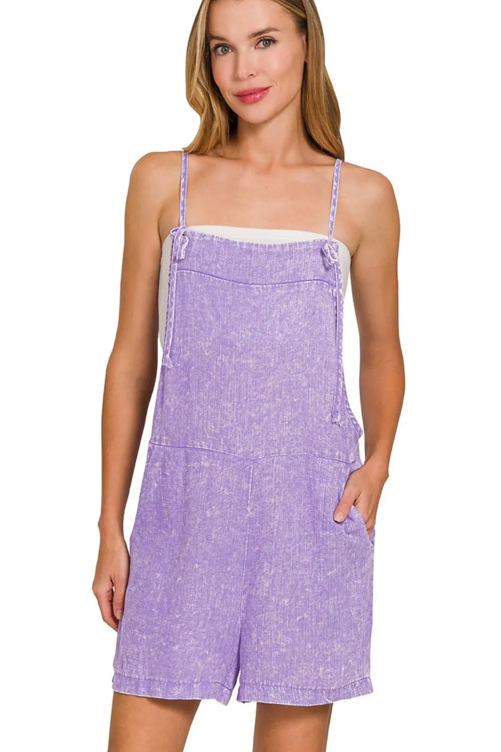 Zenana Lavender Washed Linen Knot Strap Romper LAVENDER