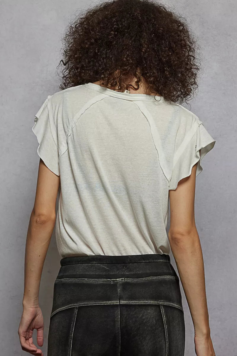 POL Off White V-Neck Short Sleeve T-Shirt with Ruffle Sleeve