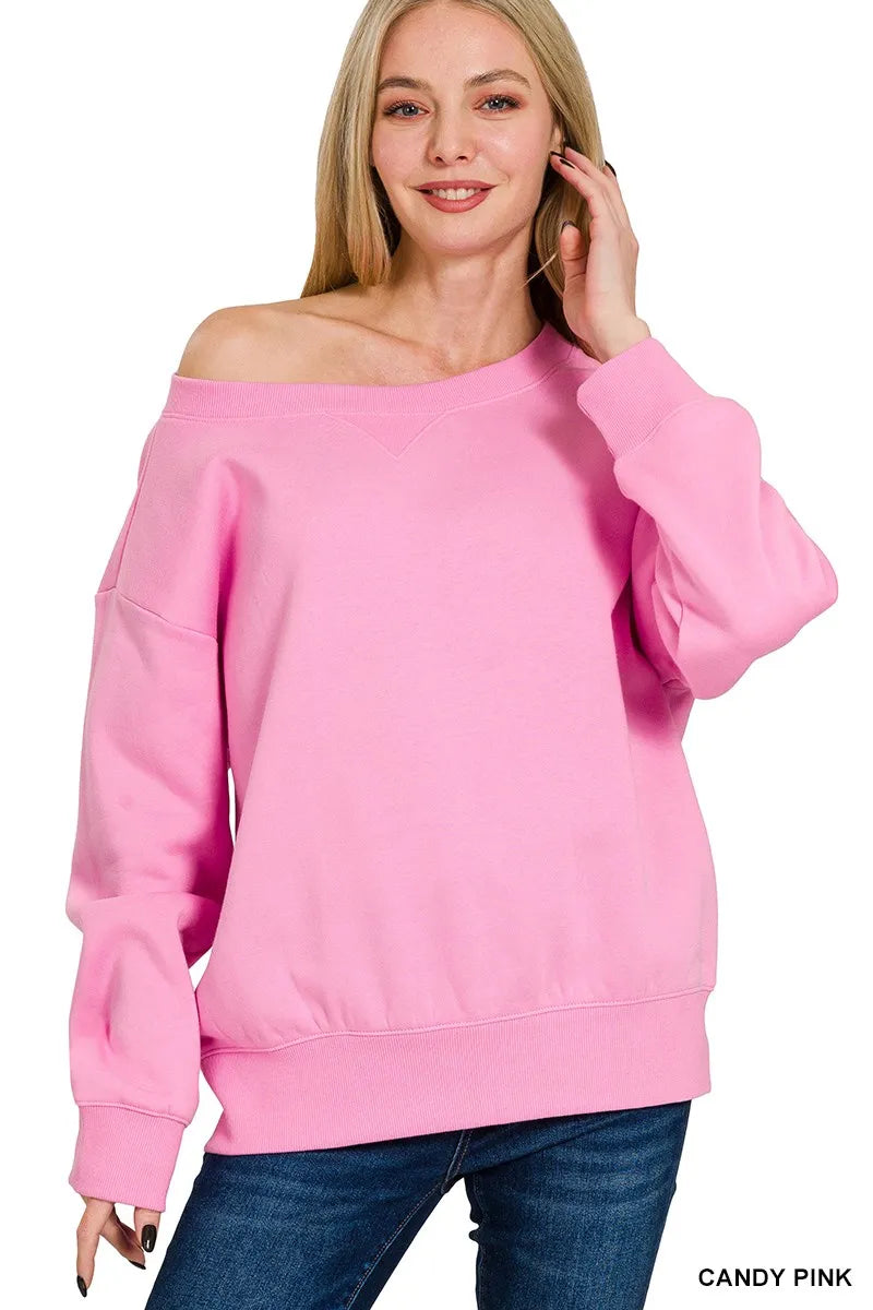 Zenana Candy Pink Fleece Boat Neck Sweatshirt