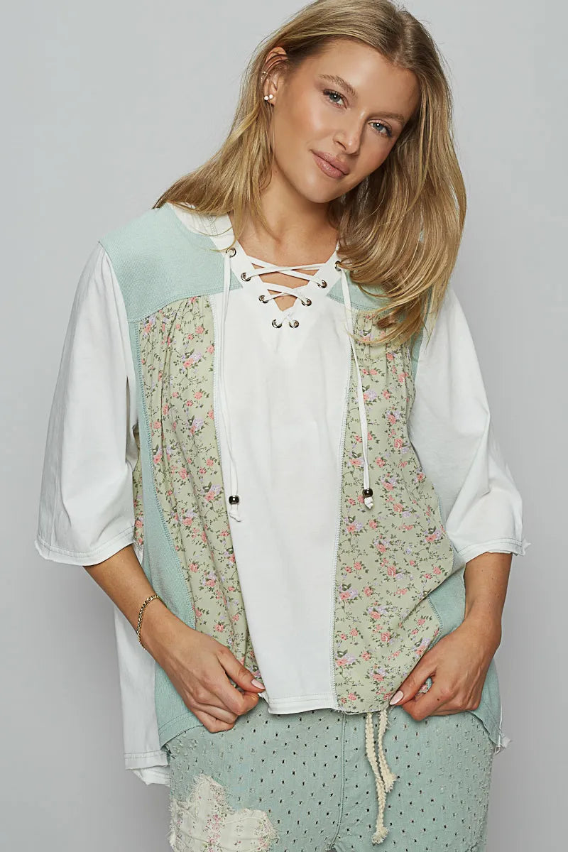 POL Ivory Lace-Up Hooded T-Shirt with Paisley Panel Detail