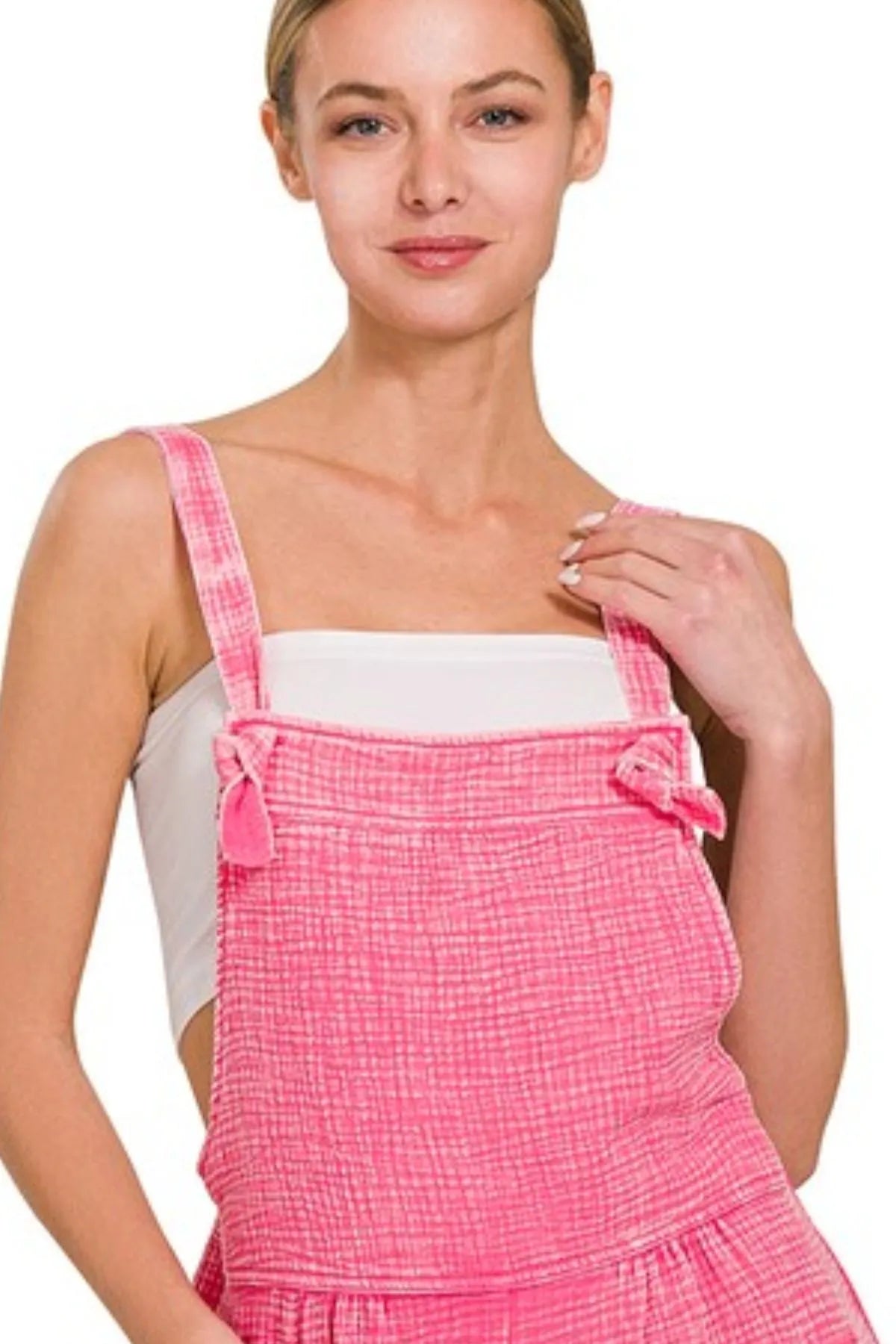 Zenana Fuchsia Woven Double Gauze Acid Washed Romper