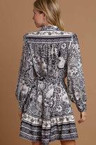 Umgee Black Two Tone Floral Border Print Tie Waist Mini Dress