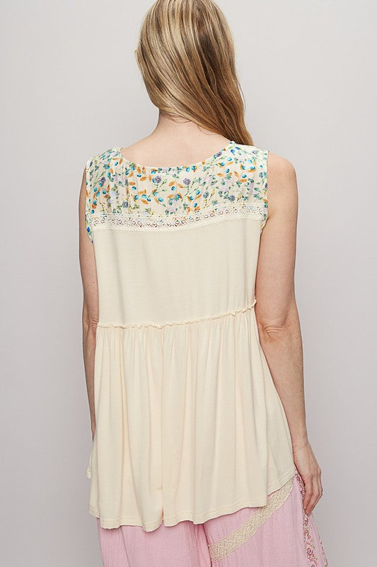 POL Lace Detail Frill Floral V-Neck Sleeveless Top in Cream