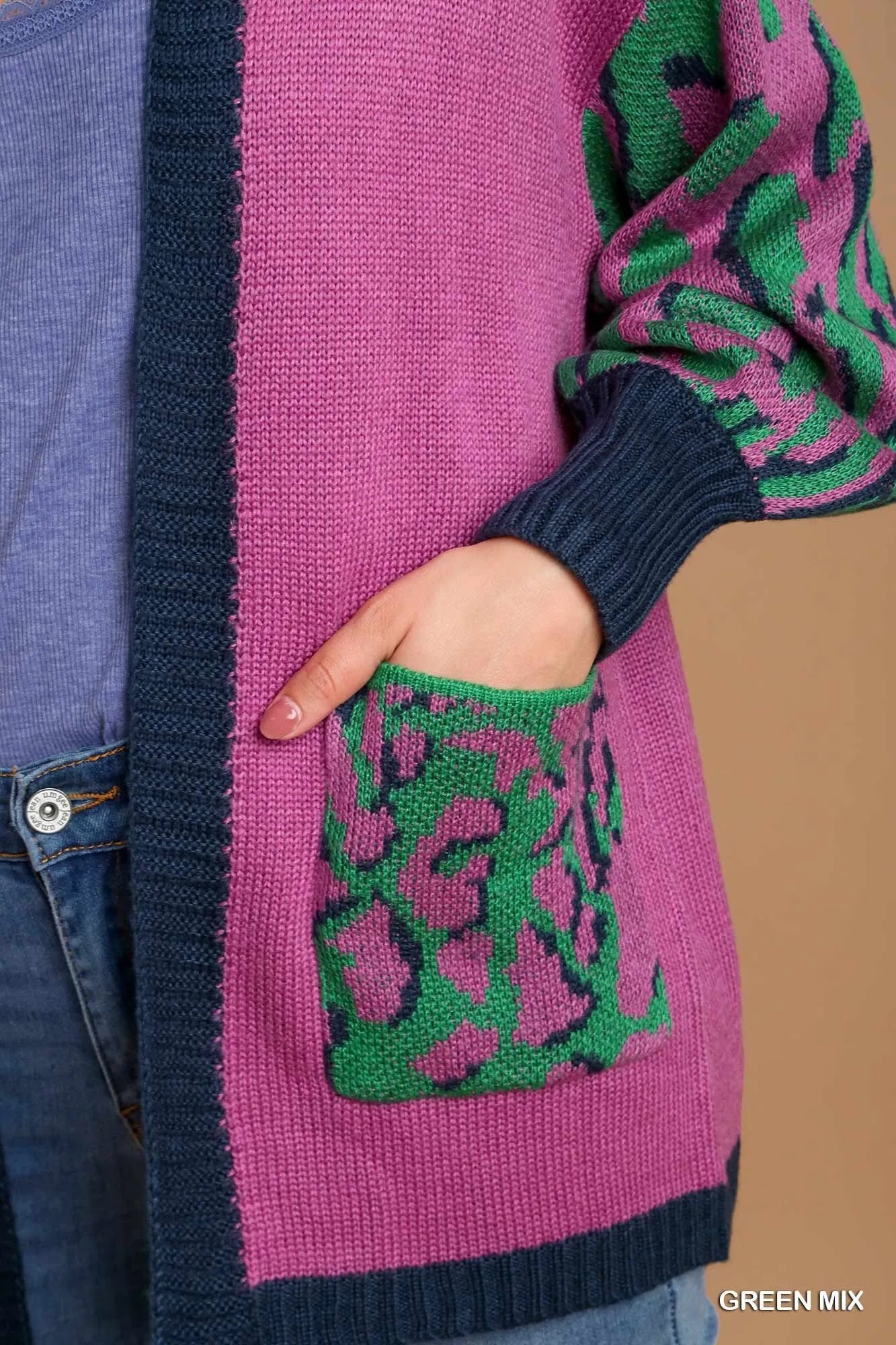 Umgee Green Mix Animal Print Open Front Sweater Cardigan