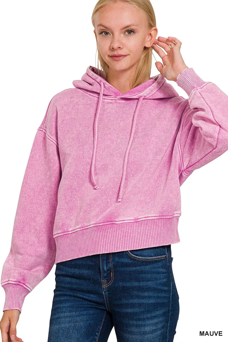 Zenana Mauve Acid Wash Fleece Drawstring Cropped Hoodie