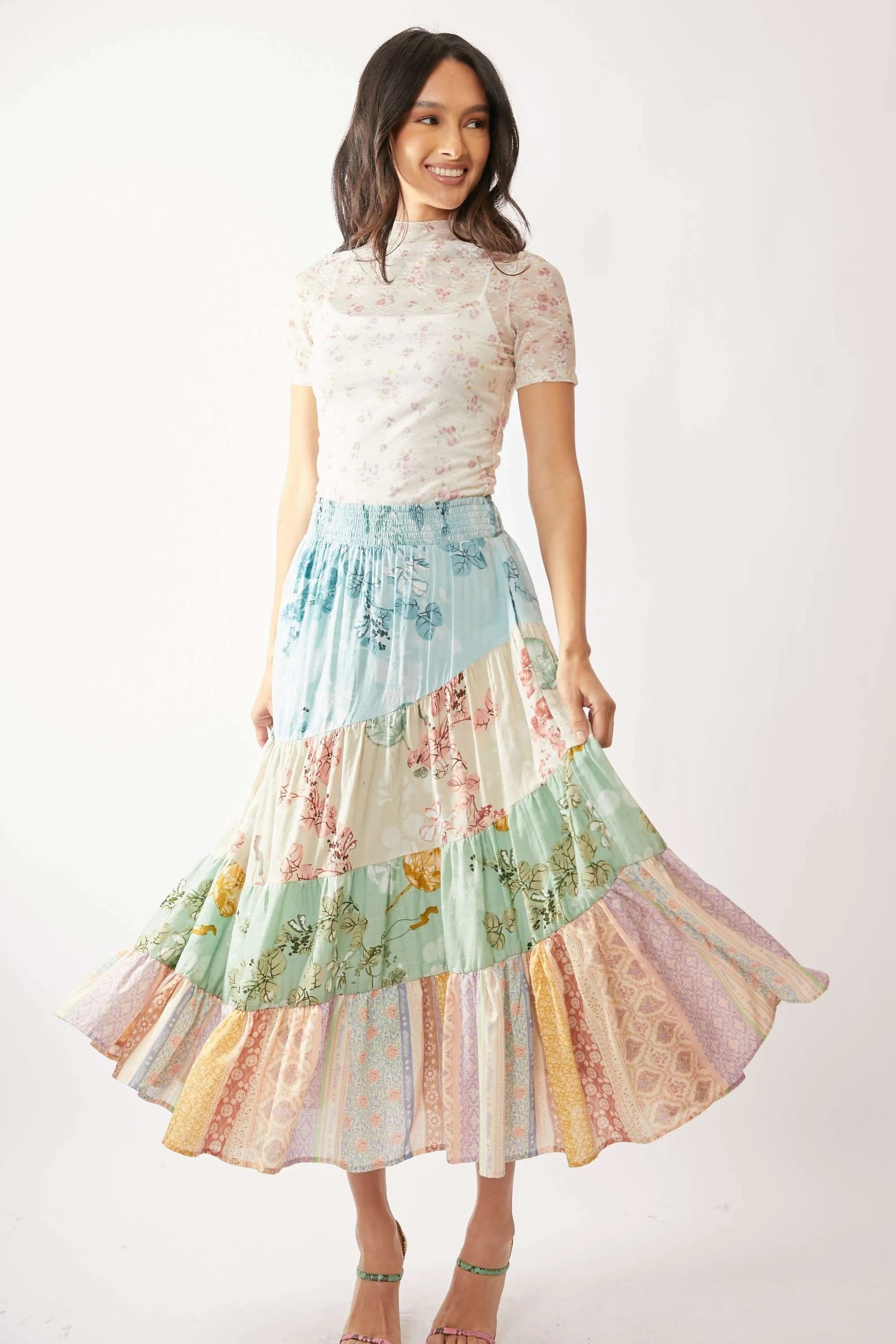 Davi & Dani Floral Mesh Mock Neck Short Sleeve Top