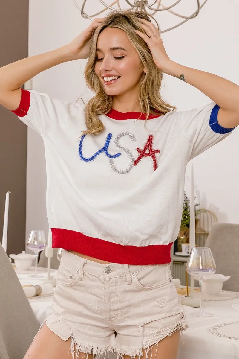 BiBi White USA Metallic Letter Color Block Light Weight Knit Top