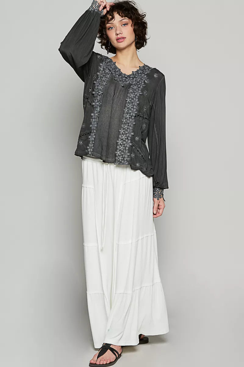 POL Floral Embroidery Woven Top with Lace Trim
