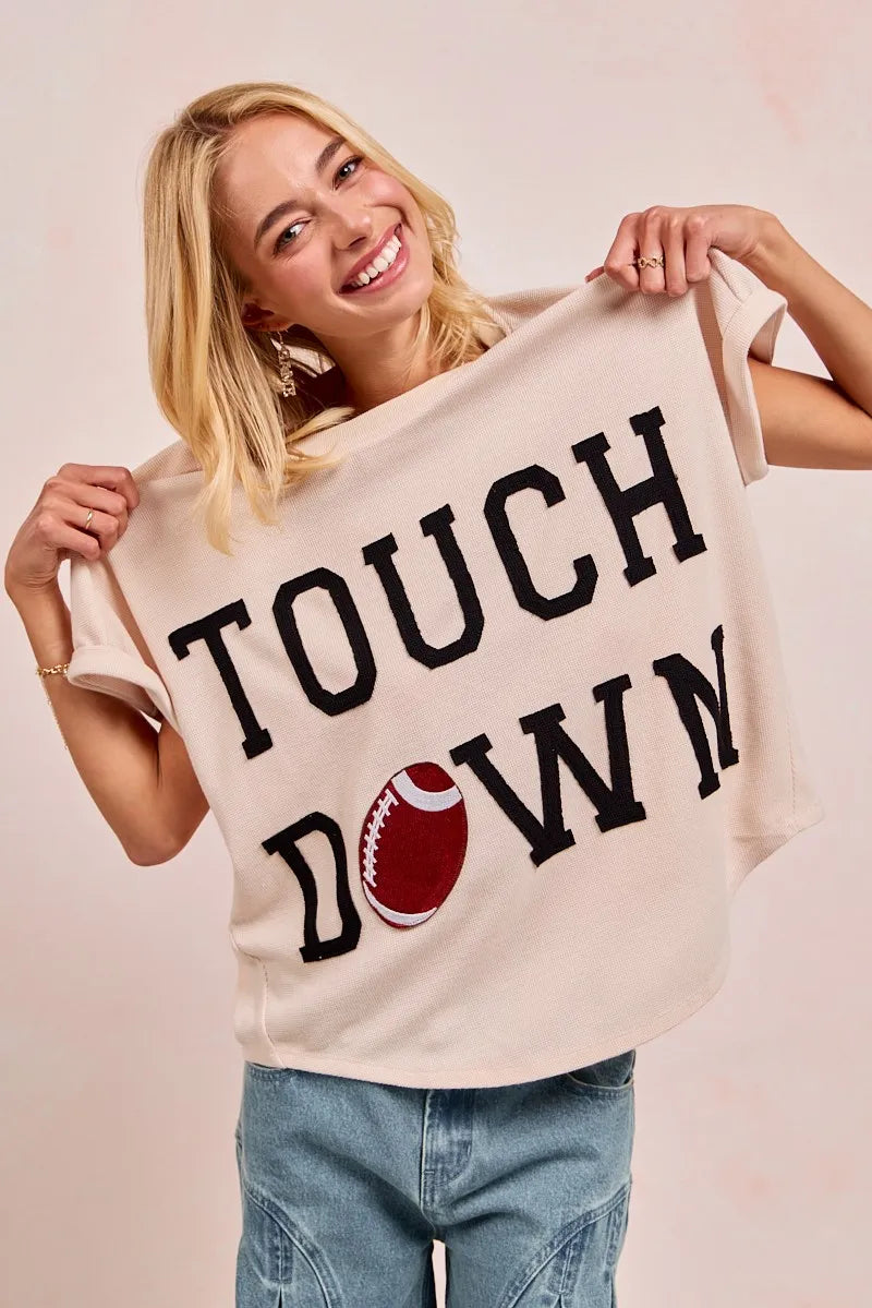 BiBi Oatmeal & Black Game Day Touchdown Letter Patches Waffle Short Top