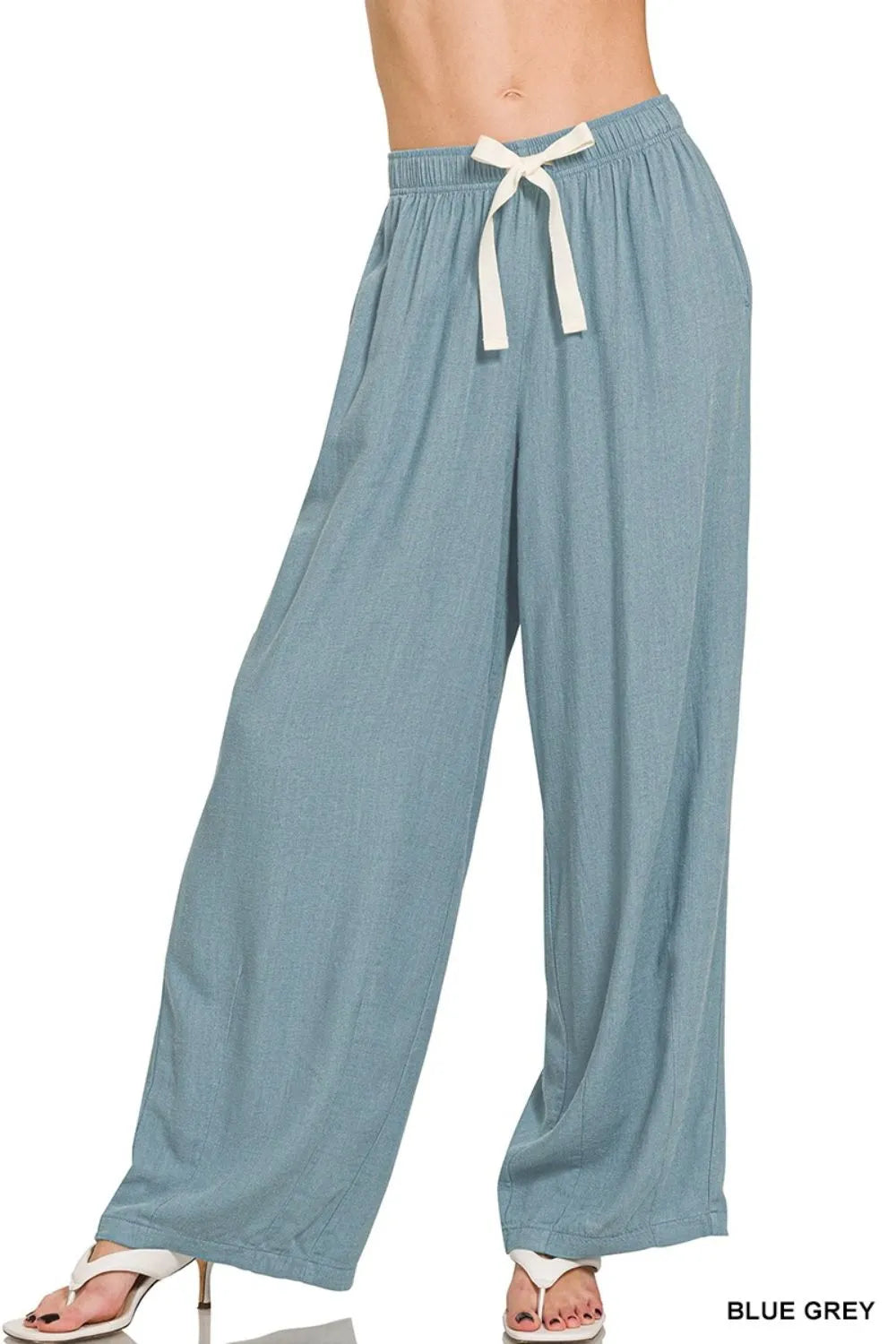 Zenana Blue Gray Linen Drawstring Pants
