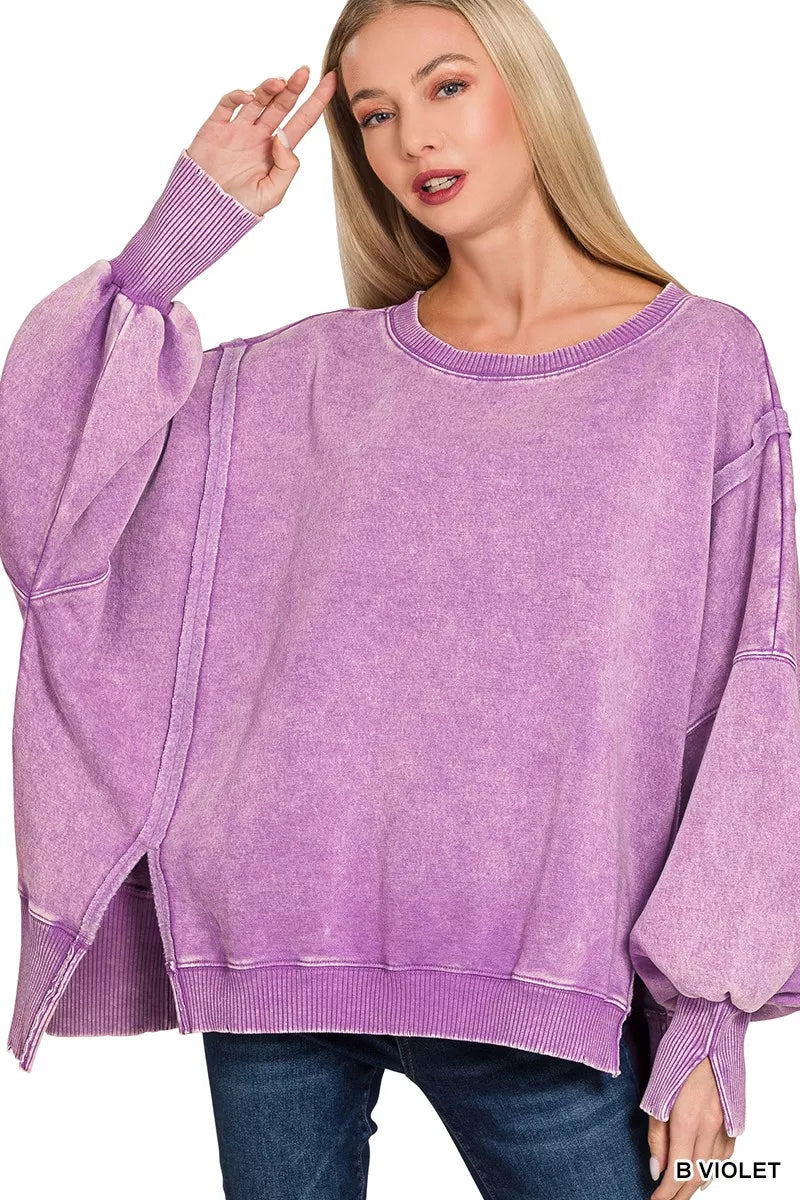 Zenana Bright Violet Acid Washed Batwing Sleeve Fleece Sweatshirt