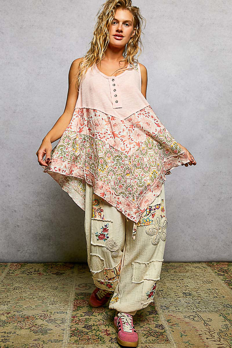 POL Blush Pink Round Neck Ribbed Tank with Woven Print Patch