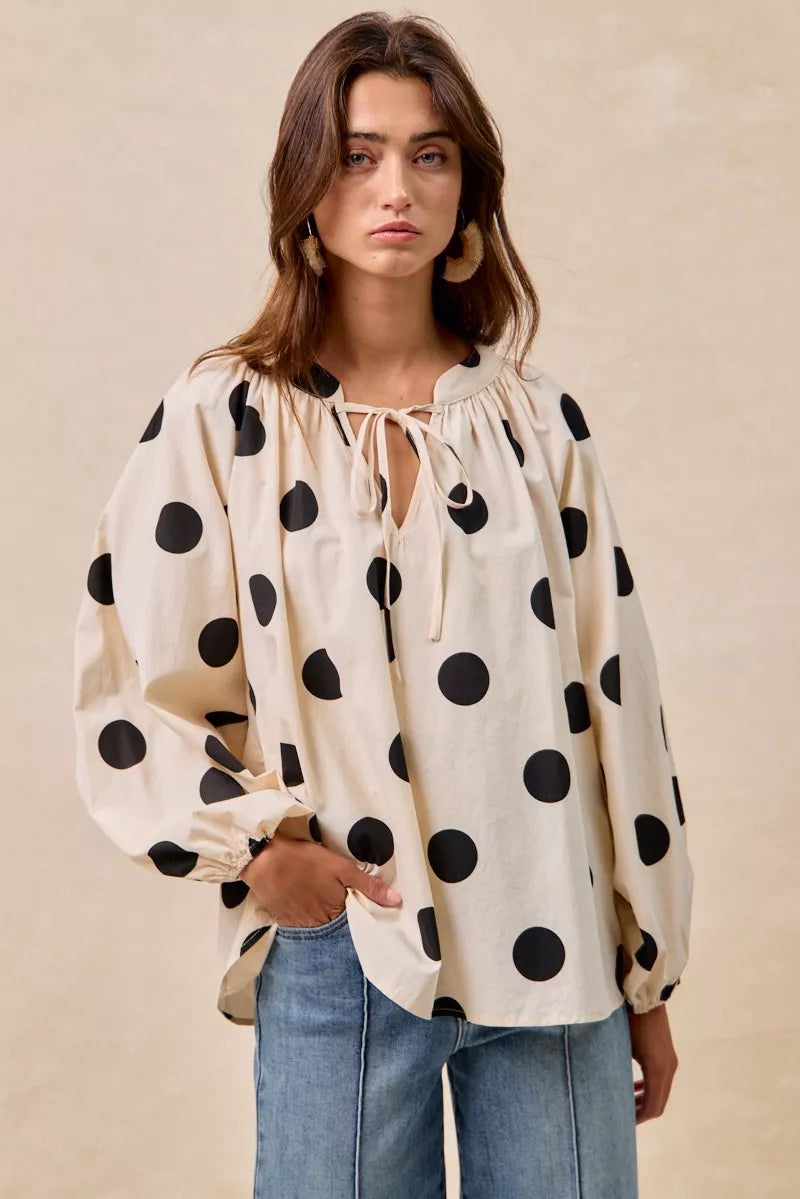 BiBi Polka Dot Exaggerated Balloon Sleeves Blouse