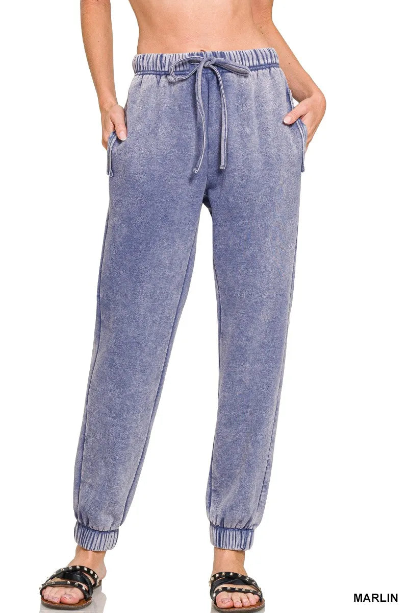 Zenana Marlin Acid Wash Fleece Jogger Sweatpants with Pockets MARLIN