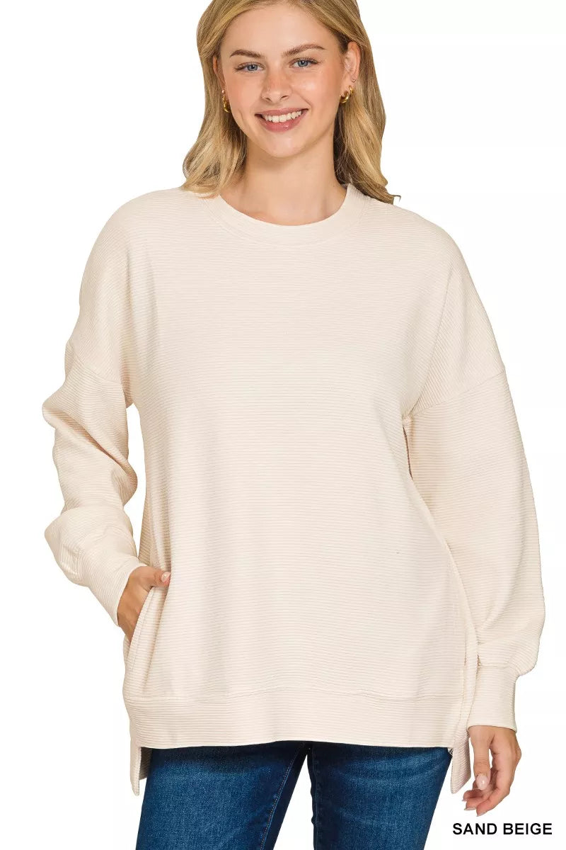 Zenana Sand Beige Acid Washed Double Ribbed Hi-low Sweatshirt SAND BEIGE