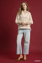 Umgee Oatmeal Linen Scallop Hem Blouse with Contrast Trim