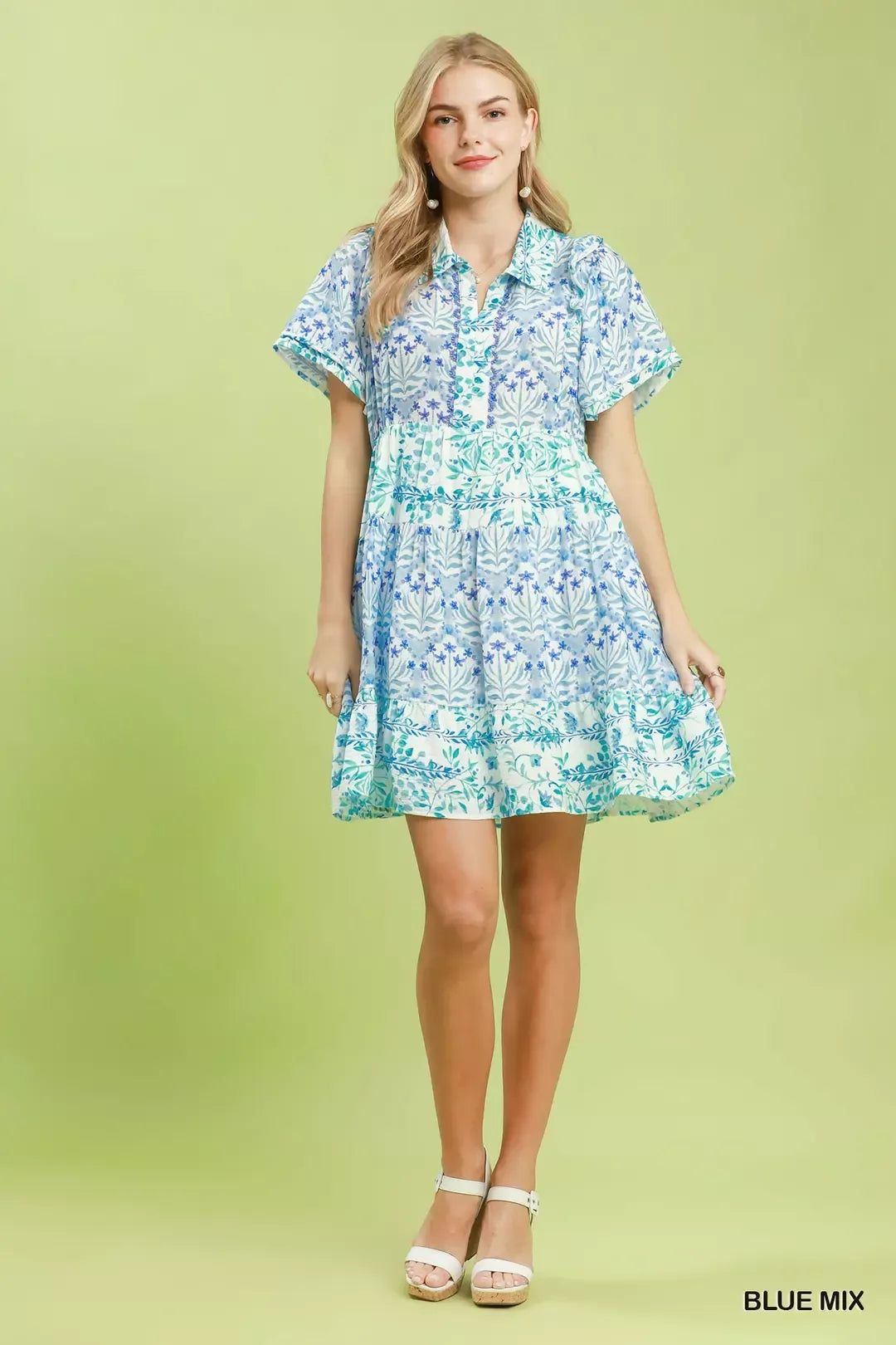 Umgee Blue Mixed Floral Tiered Mini Dress with Flutter Sleeves
