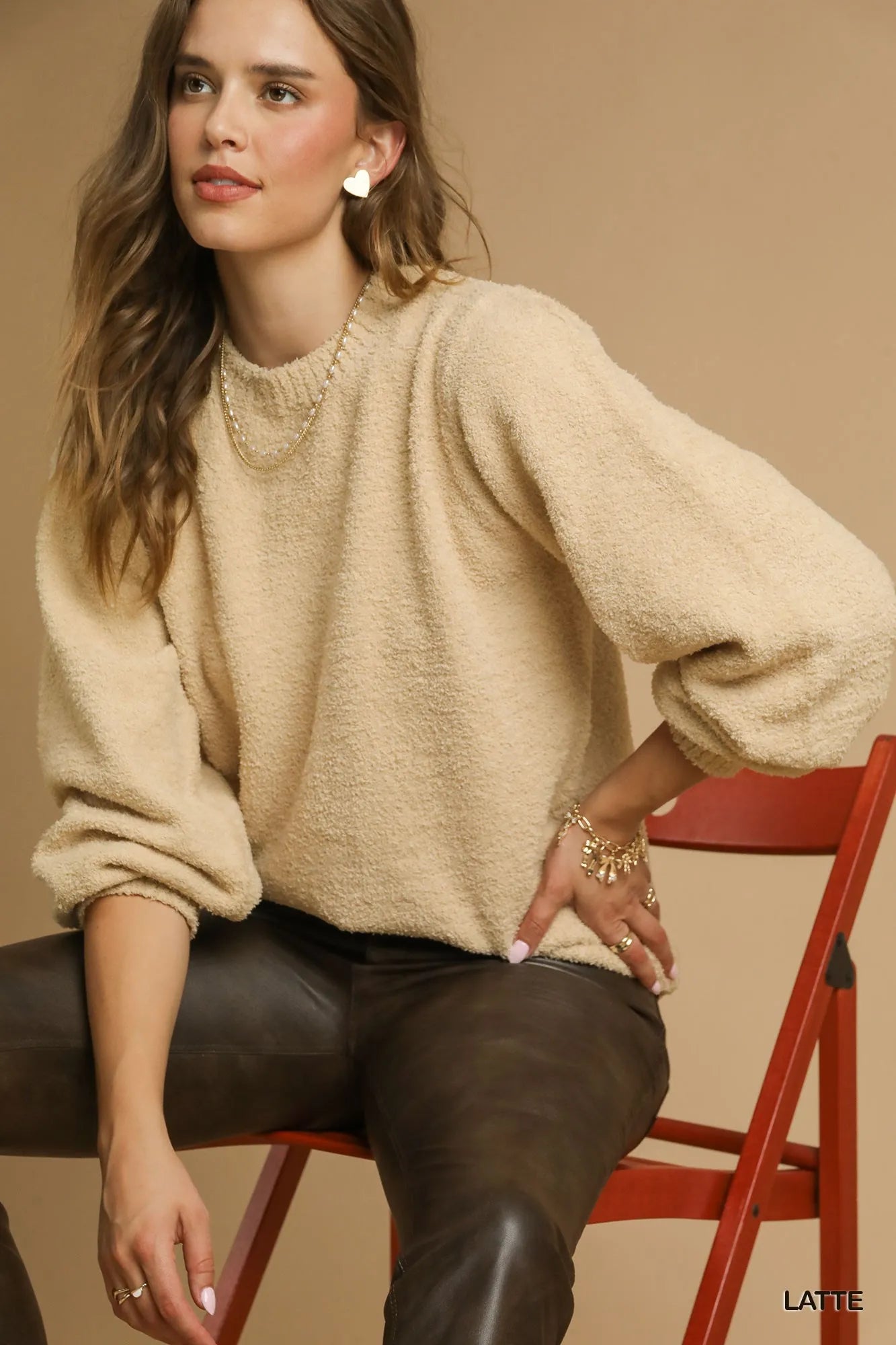 Umgee Latte Cozy Textured Long Sleeve Sweater with Ribbed Trim