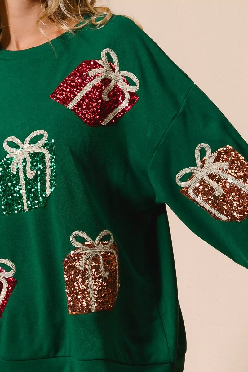 BiBi Green Sequin Christmas Gift Box Embroideries Pullover