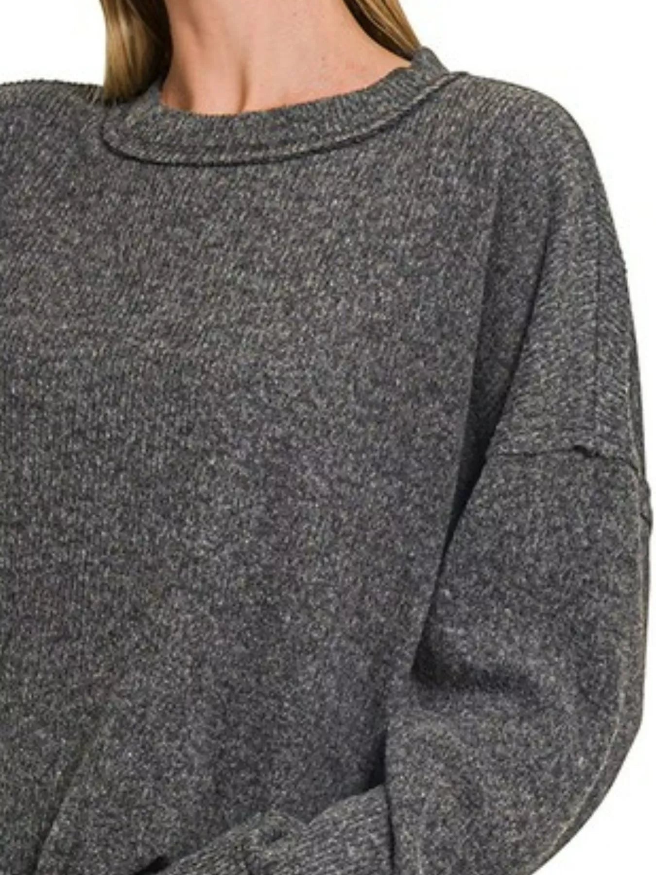 Zenana Black Brushed Ribbed Hacci Drop Shoulder Sweater