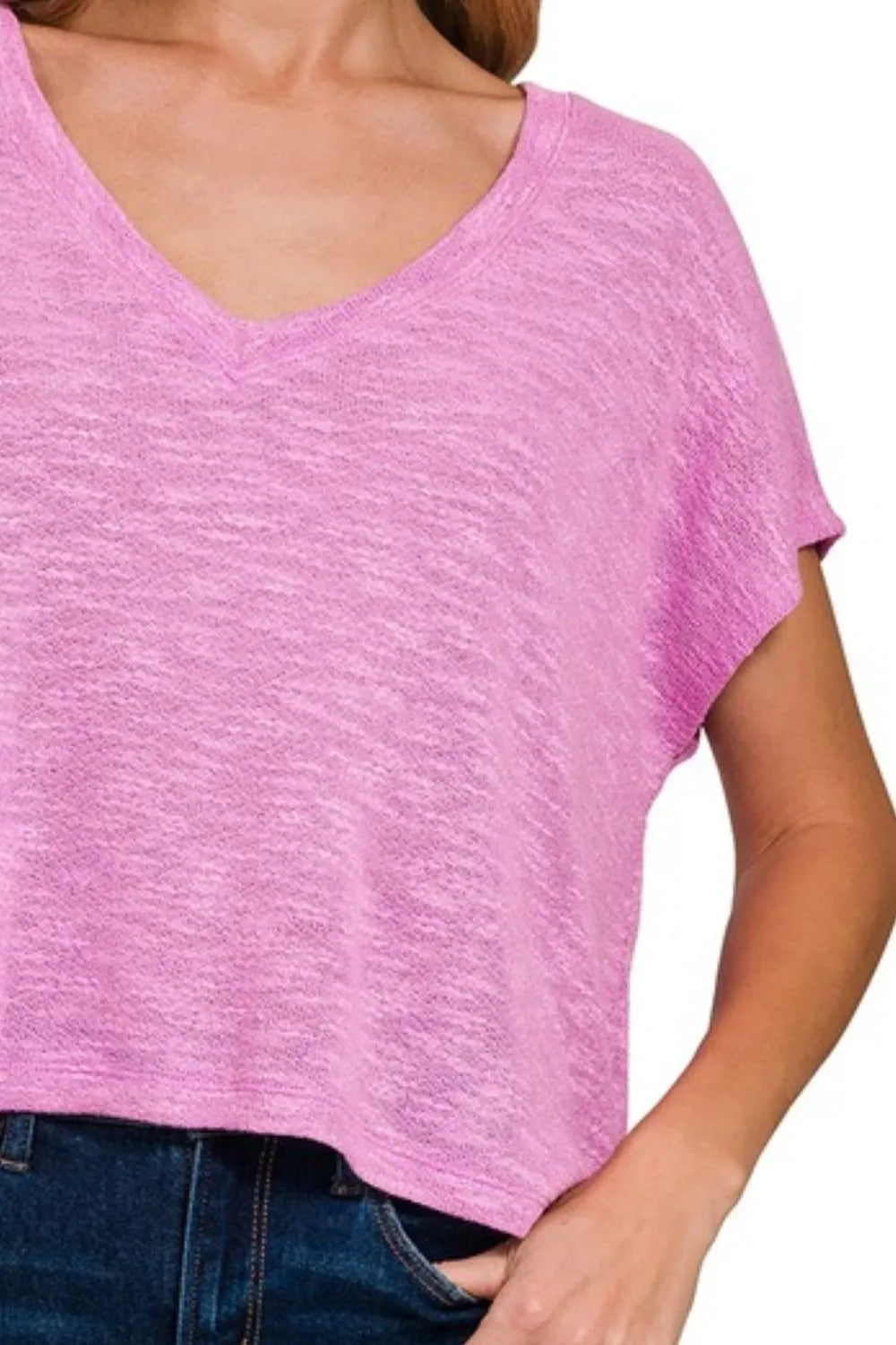 Zenana Bright Mauve Hacci Slub V-neck Drop Shoulder Crop Top