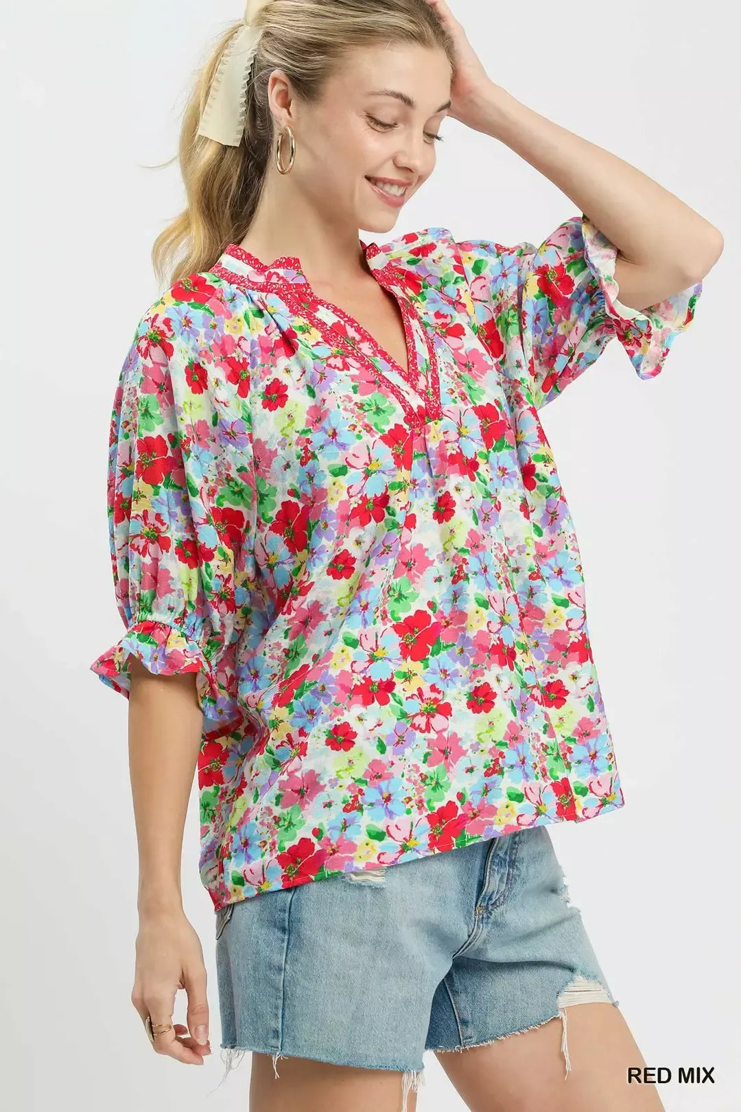 Umgee Red Mix Floral Print Ruffle Top