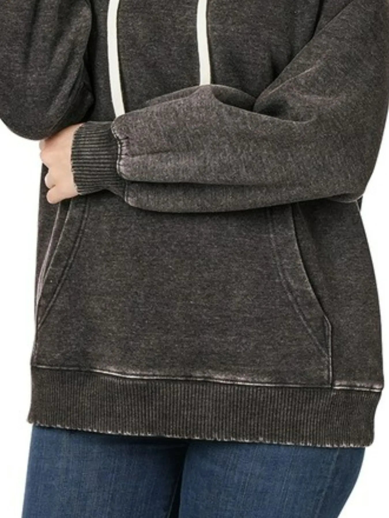 Zenana Ash Black Acid Wash Fleece Hoodie with Drawstring