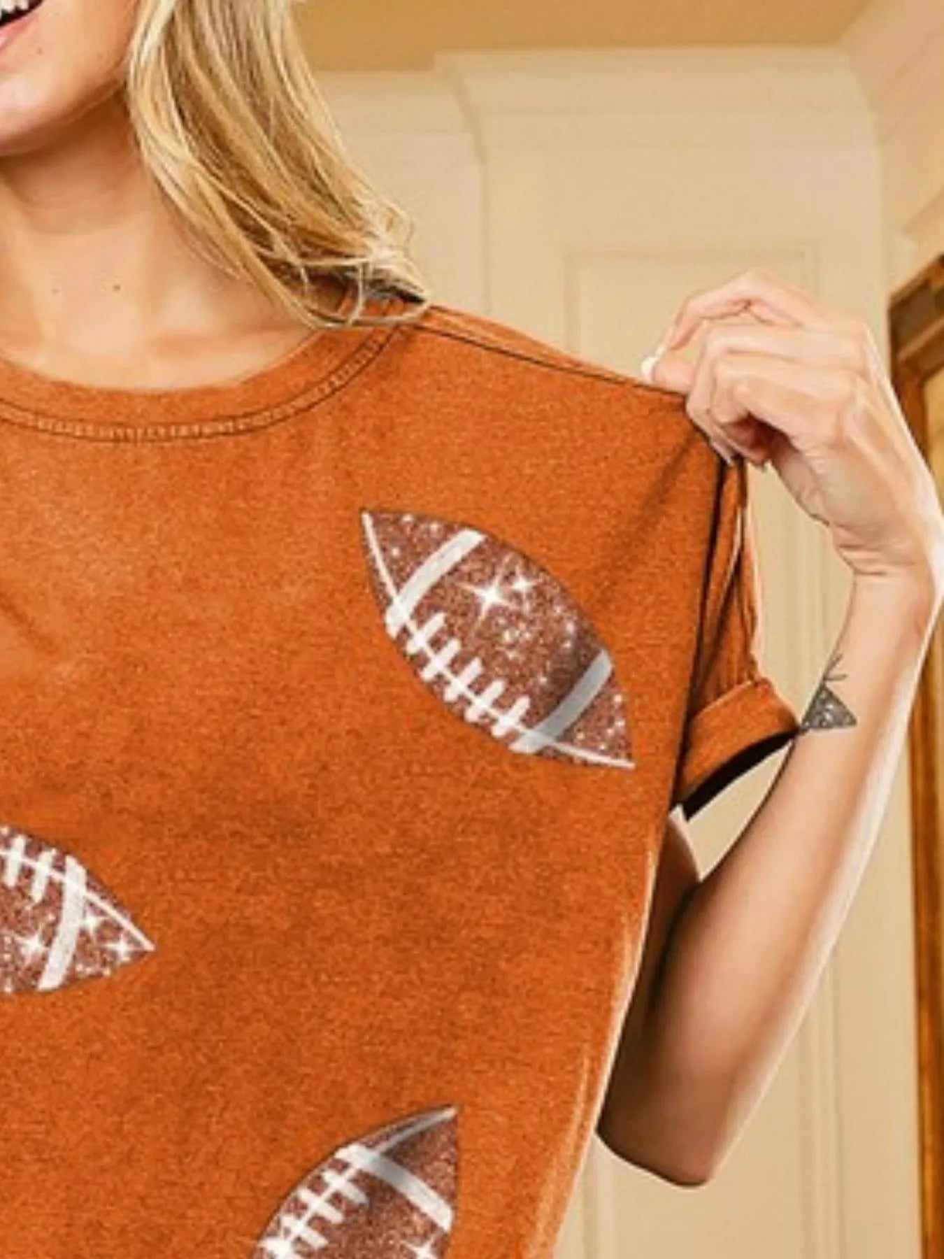 BiBi Football Sequin Embroidery Vintage Orange Washed Top