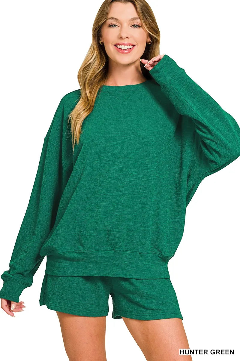 Zenana Hunter Green Slub Long Sleeve Top and Shorts Set