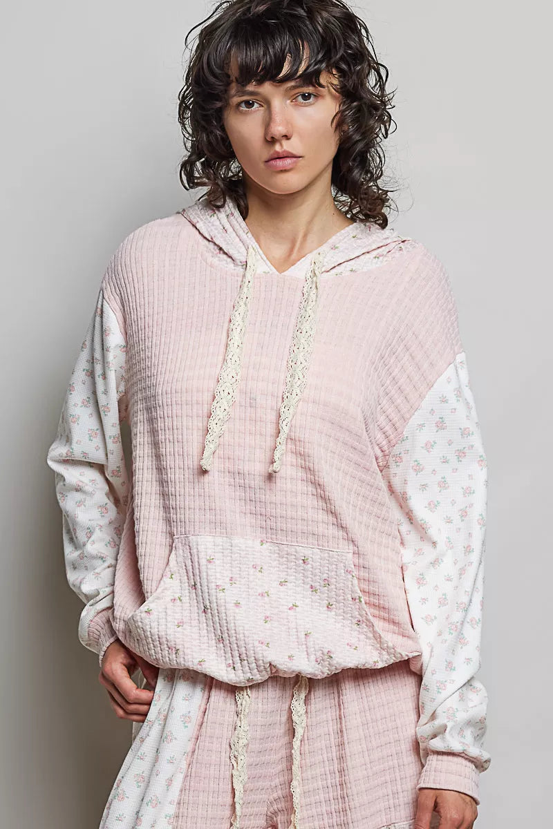 POL Mixed Knit Contrast Print Sleeve Hoodie with Kangaroo Pocket PINK MULTI