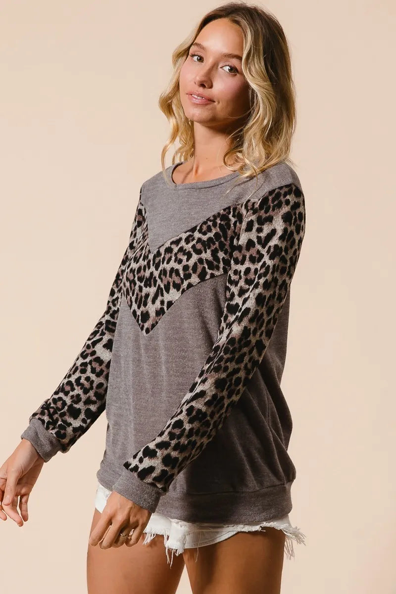 BiBi Mocha Sweater Knit Top With Leopard V Shape Block