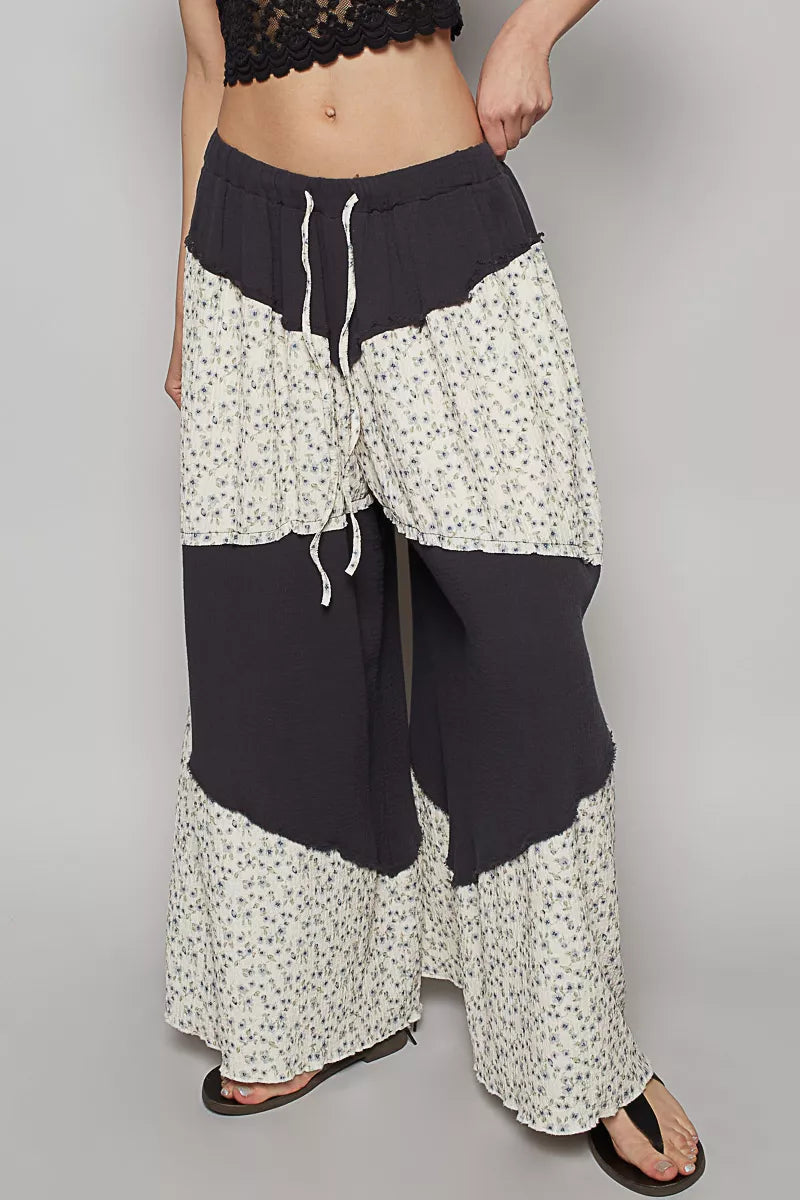 POL Contrast Floral Drawstring Wide Leg Pants CHARCOAL