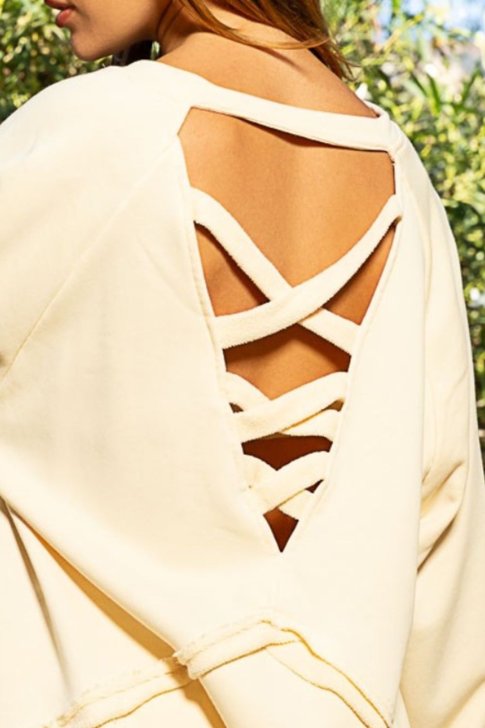 POL Cream Milk Back Cross Strap Detail Balloon Sleeve French Terry Sweatshirt Shirts & Tops