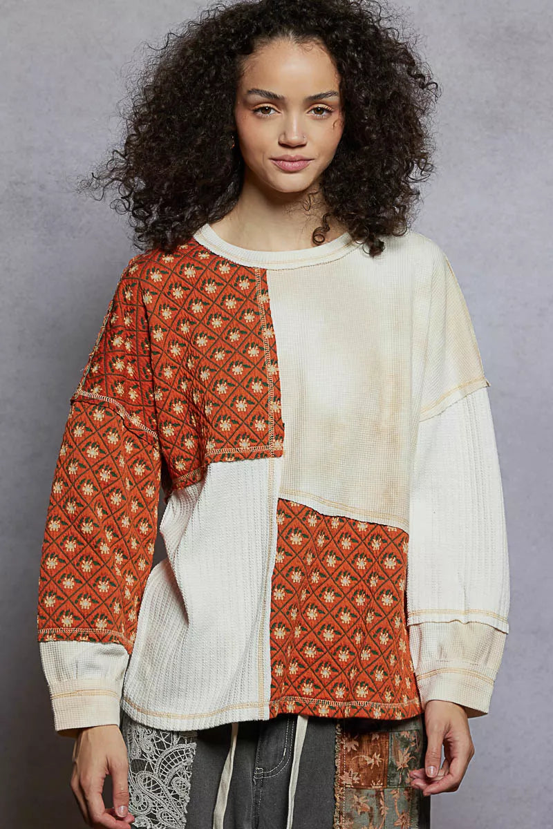 POL Cream Multi Contrast Patchwork Round Neck Long Sleeve Top