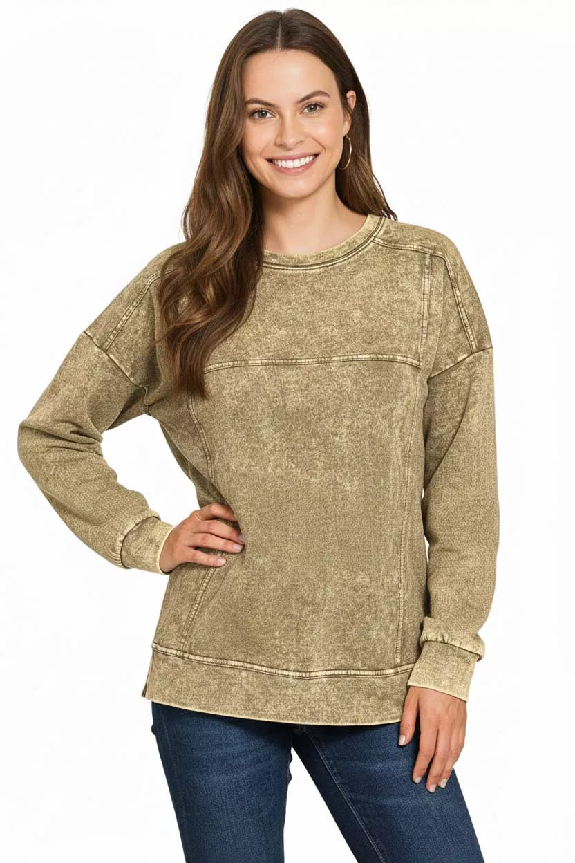 Zenana Acid Wash French Terry Exposed-Seam Pullover MOCHA