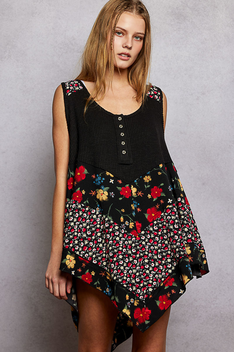 POL Black Round Neck Ribbed Tank with Woven Print Patch
