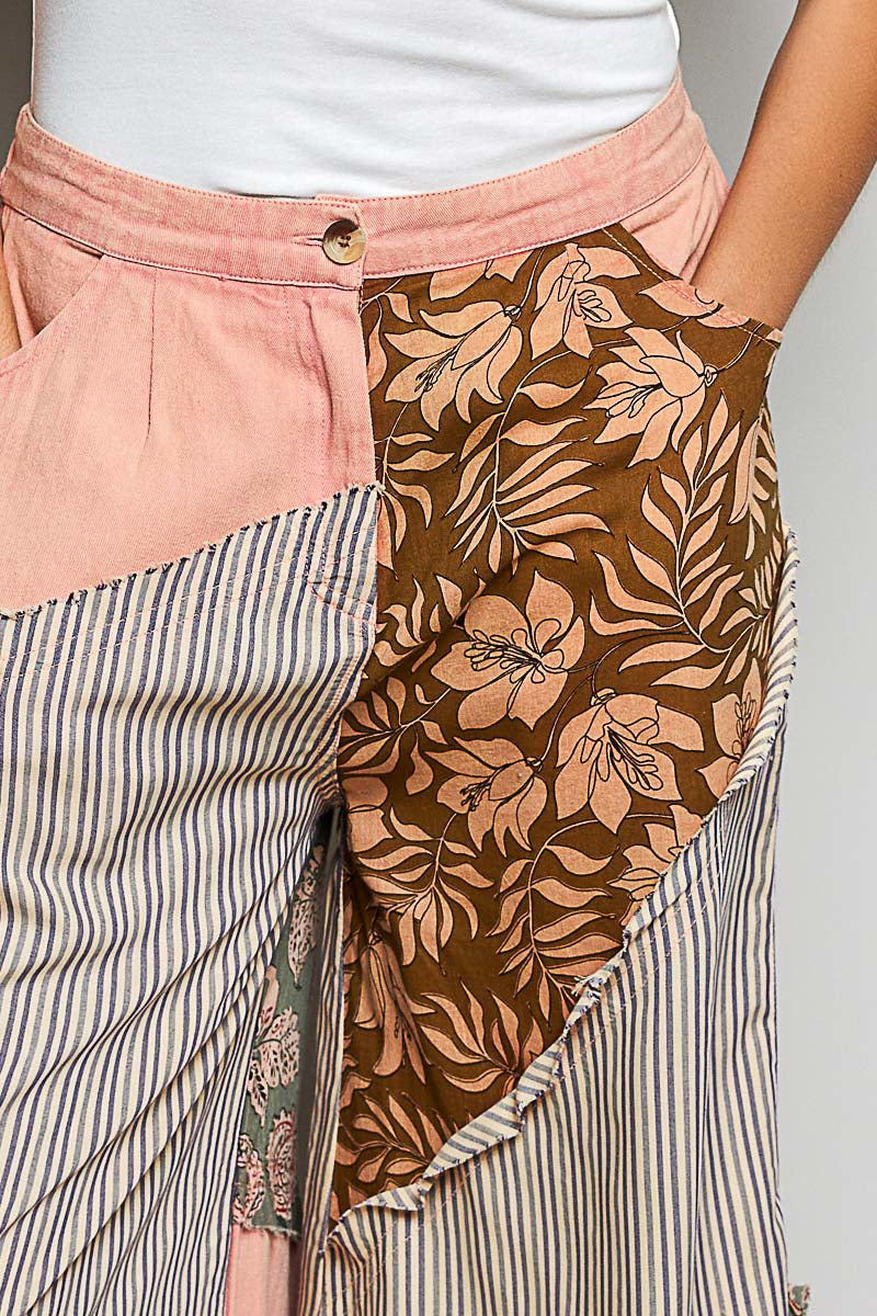 POL Peach Multi Striped Floral Patchwork Wide leg Pants with Side Big Star Patch