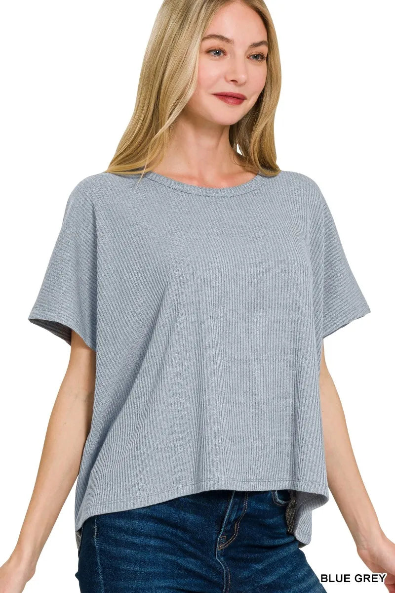 Zenana Blue Gray Ribbed Round-Neck Short-Sleeve Knit Sweater BLUE GREY