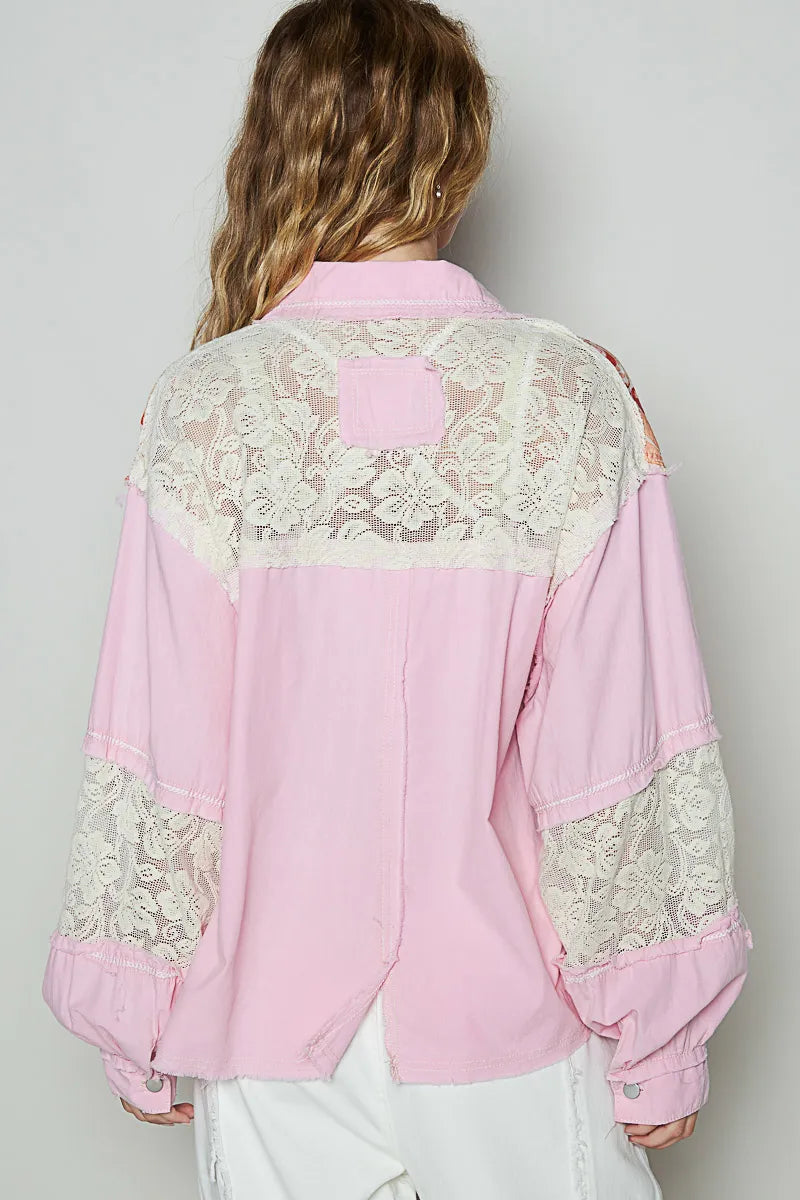 POL Pink Printed Woven Mix Raw Hem Denim Jacket with Lace Detail