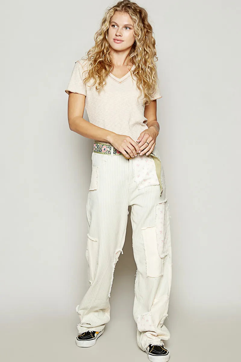 POL Almond V-Neck Short Sleeve Ribbed T-Shirt with Contrast Overlock Stitching