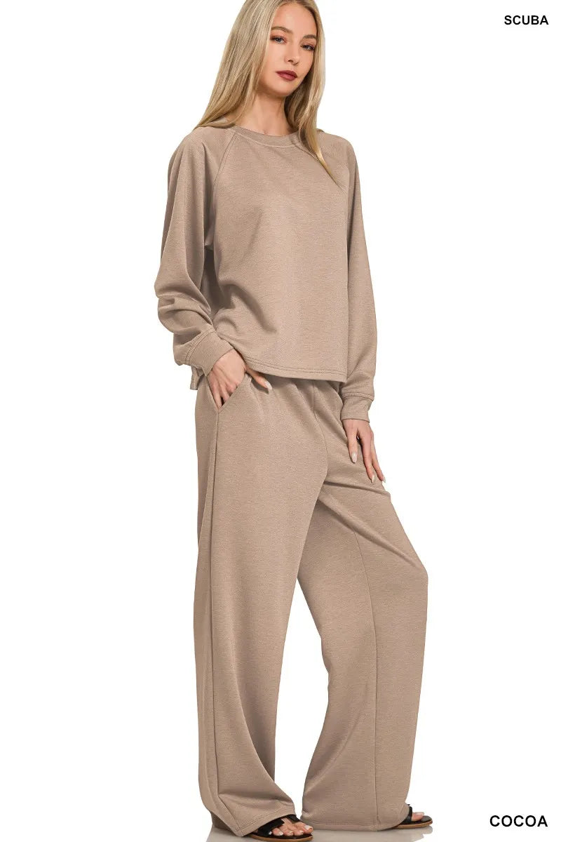 Zenana Cocoa Scuba Crewneck Pullover and Pants Set COCOA