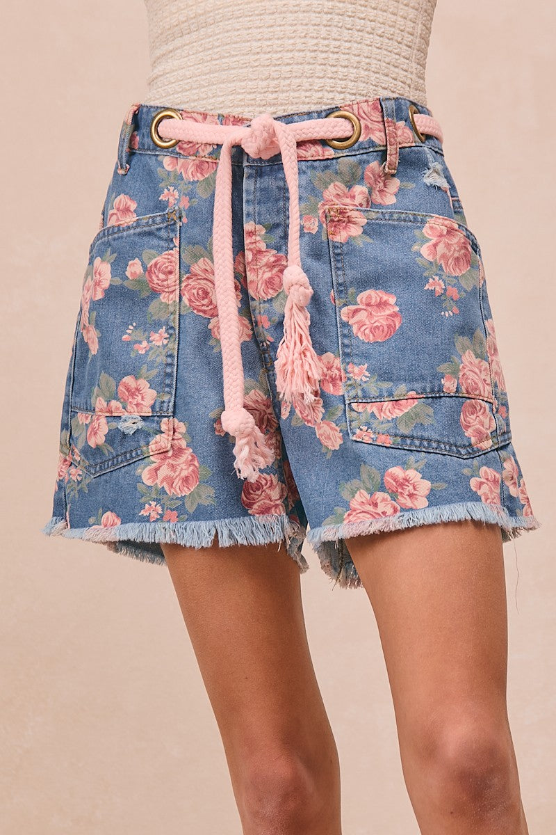 BiBi Braided Waist Belt Patch Pockets Floral Print Denim Shorts