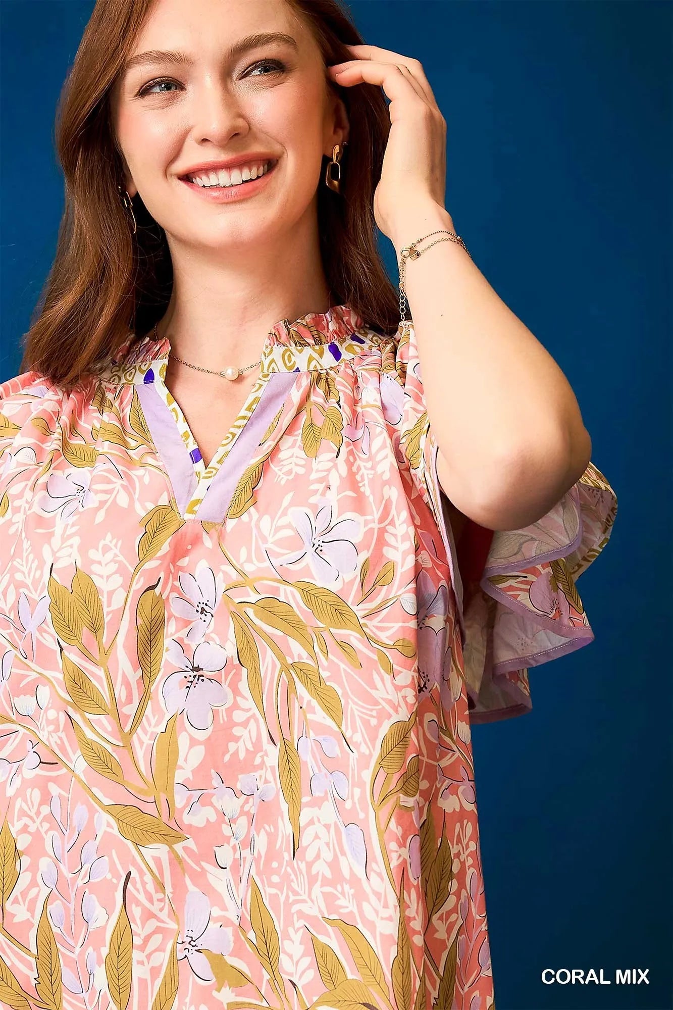Umgee Coral Mix Floral Ruffle-Sleeve Tunic Dress
