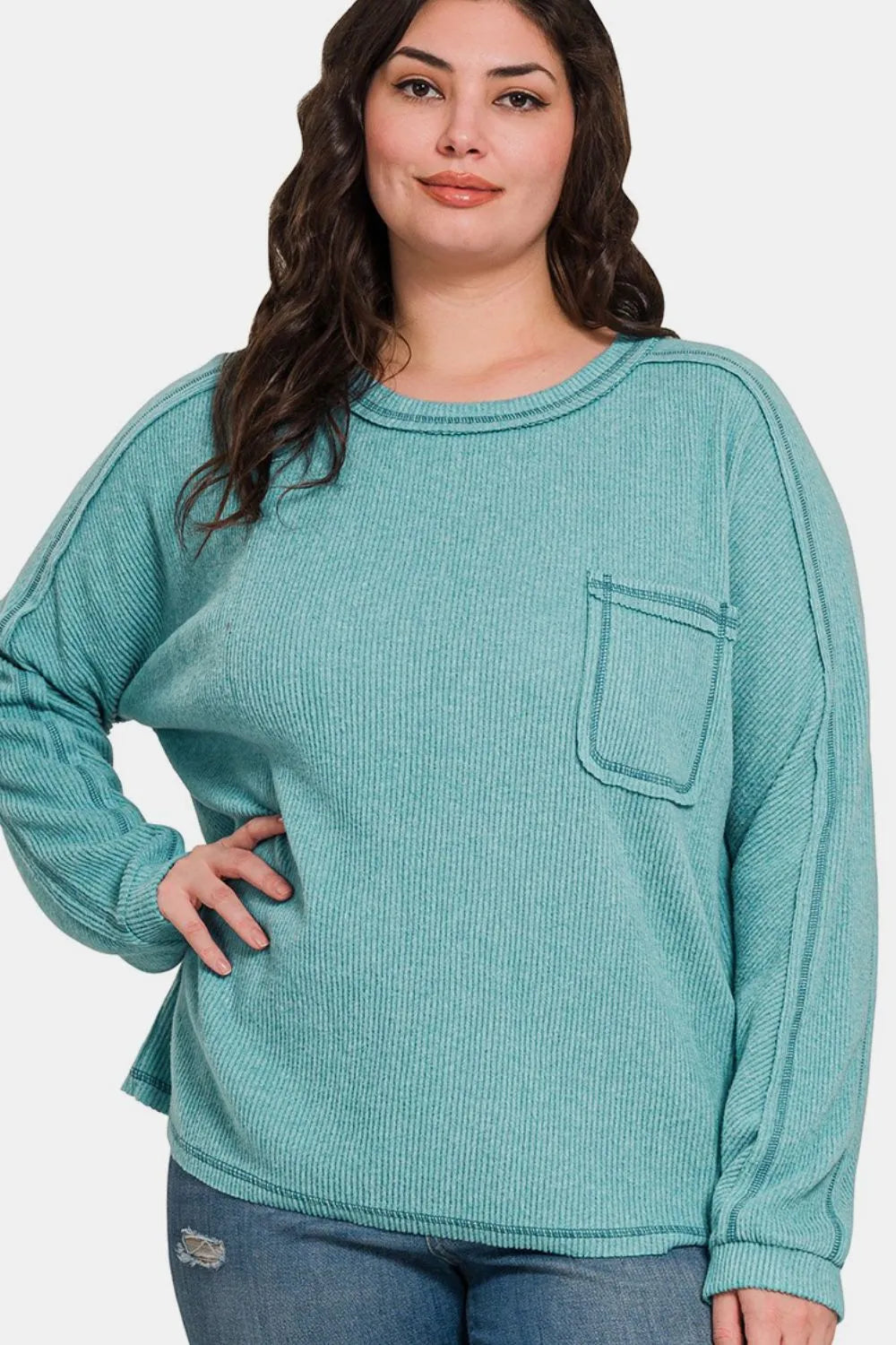 Zenana Teal Contrast Stitching Brushed Ribbed Hacci Knit Top