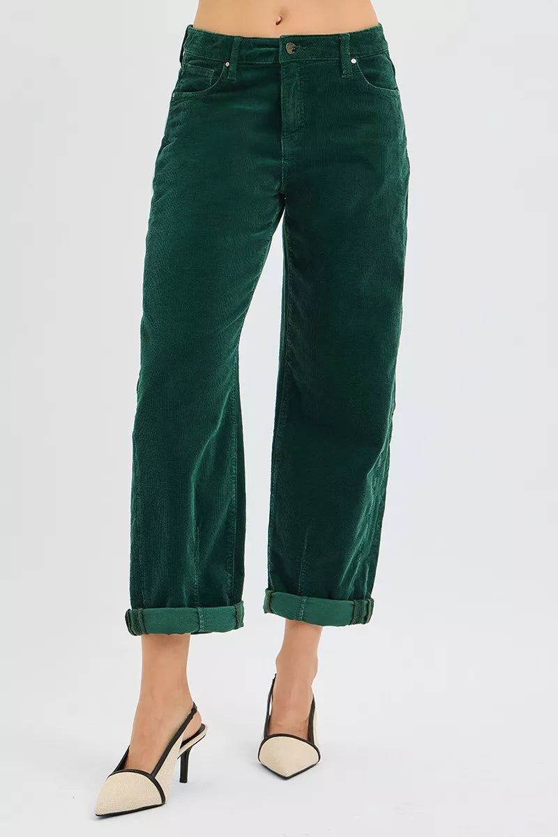RISEN Hunter Green High Rise Crop Barrel Cordurory Pants