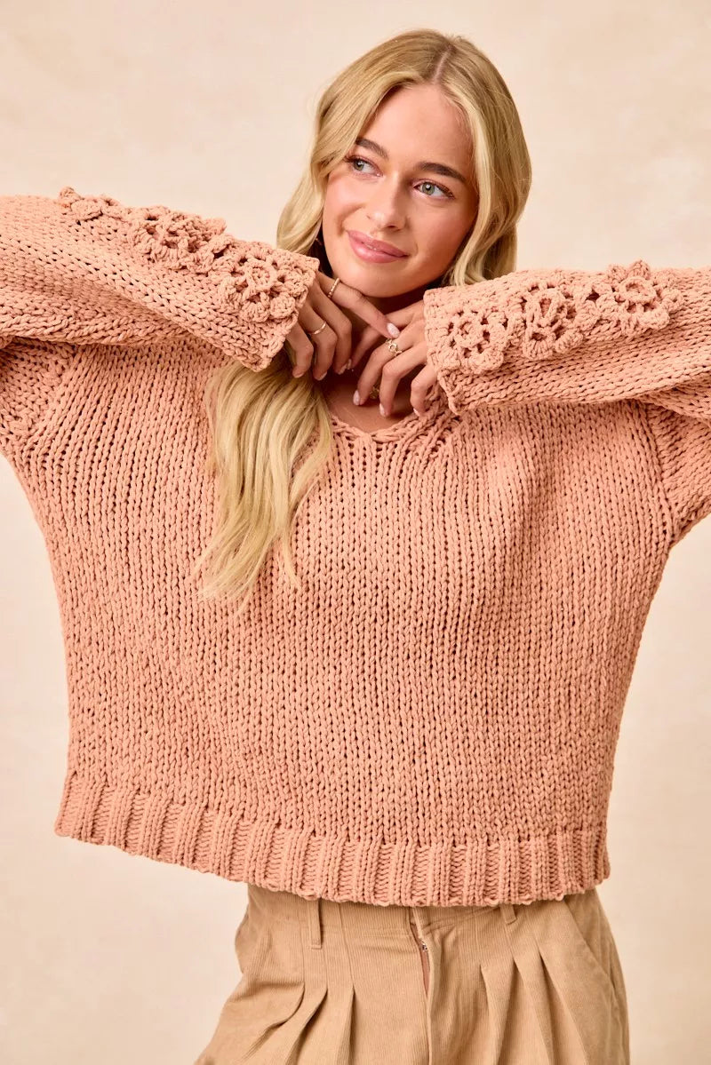 BiBi Dusty Peach Chunky Knit Sweater with Flower Detail Sleeves