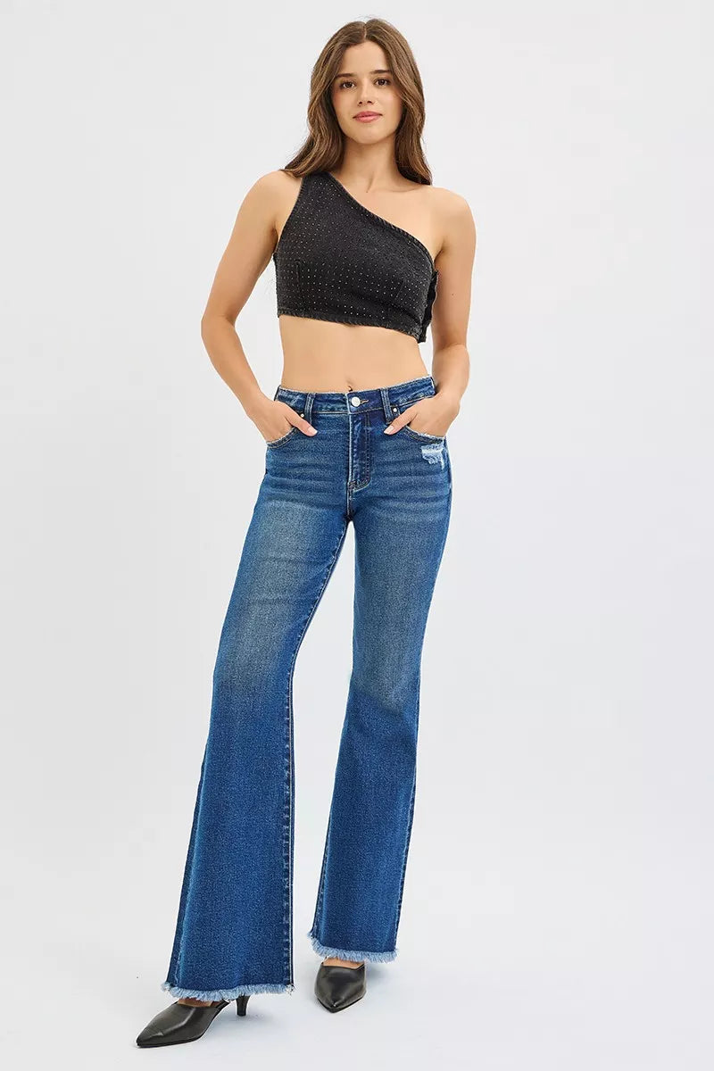 RISEN Dark Washed High Rise Flare Jeans