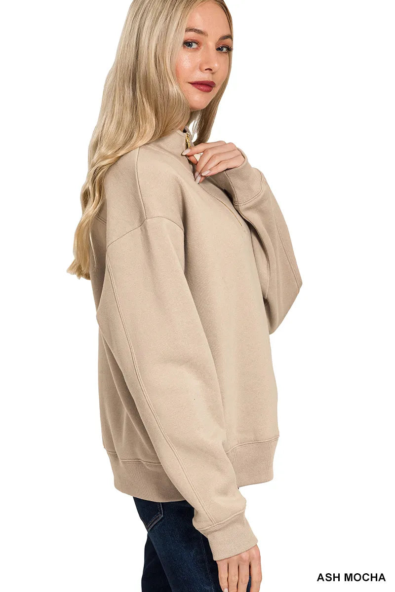 Zenana Ash Mocha Fleece Half Zip Sweatshirt